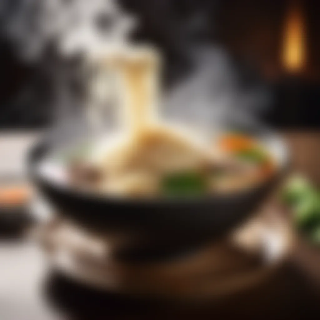 Steam rising from a bowl of steaming hot noodle soup