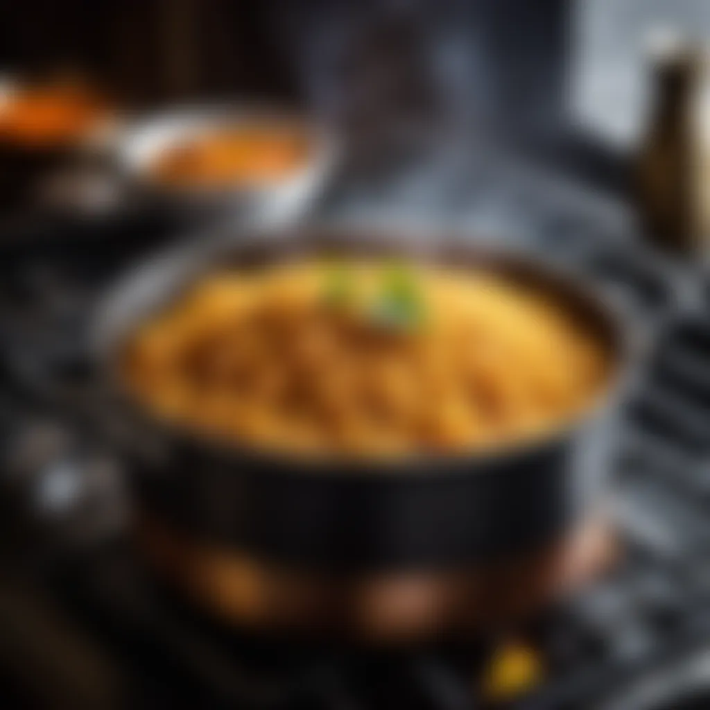 Steaming pot of fragrant Akni rice on a stovetop