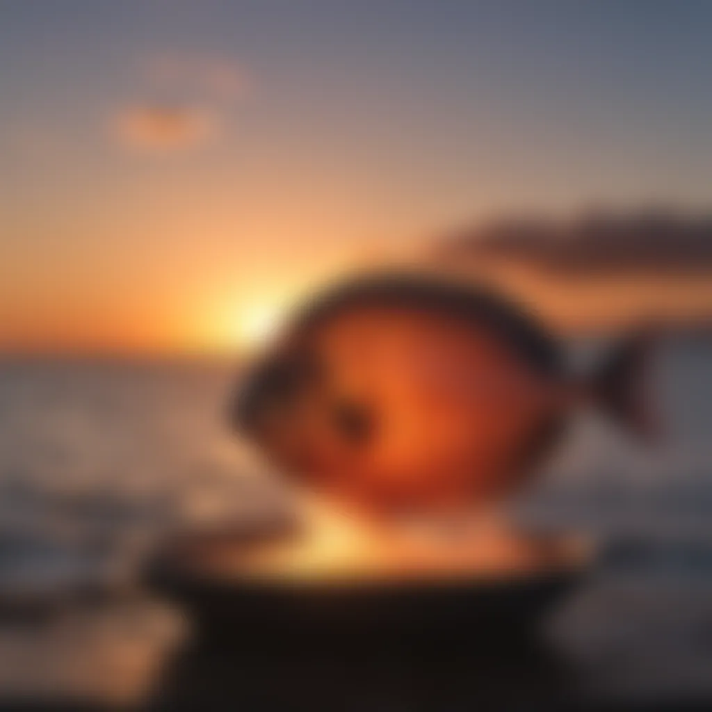 Silhouette of steaming opah against a sunset backdrop