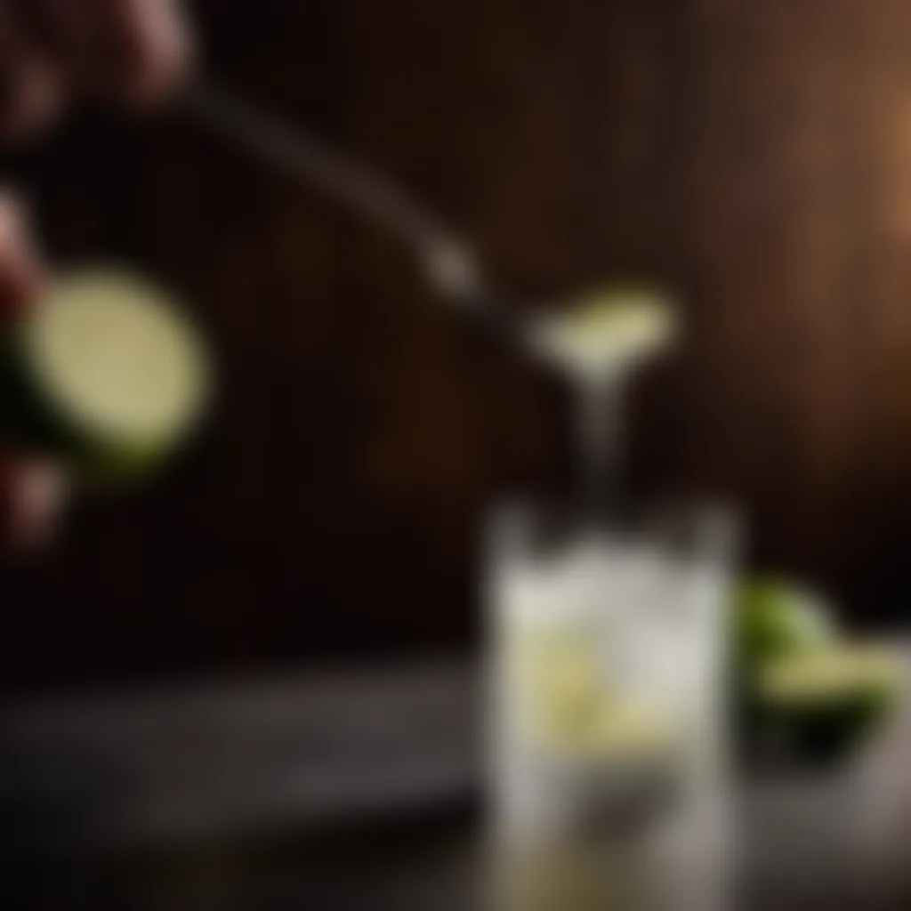 A close-up shot of a hand stirring a gimlet cocktail with a long spoon