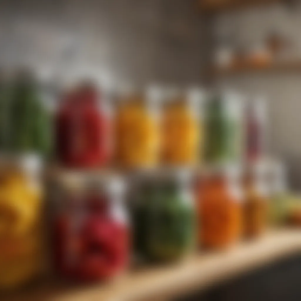 Preserved fruits and vegetables in glass jars on a kitchen shelf