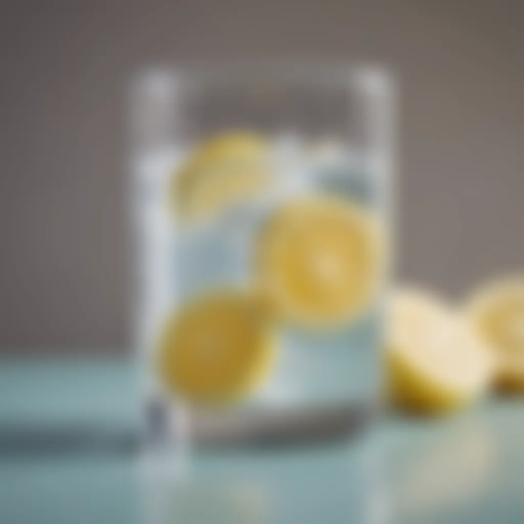 A glass of water with lemon on a bright background