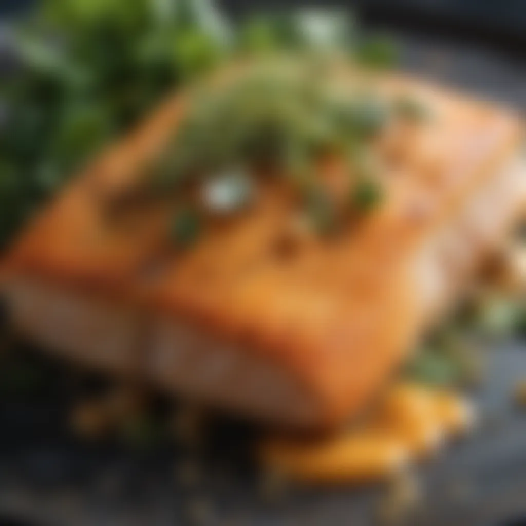 Close-up of succulent baked Arctic char with a golden crust