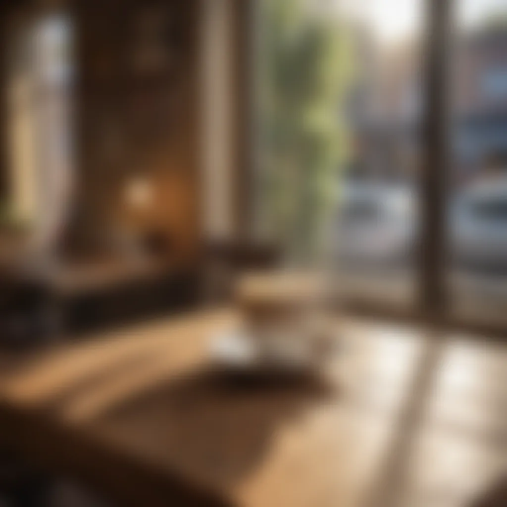 Sunlight streaming through coffee shop window onto a rustic wooden table