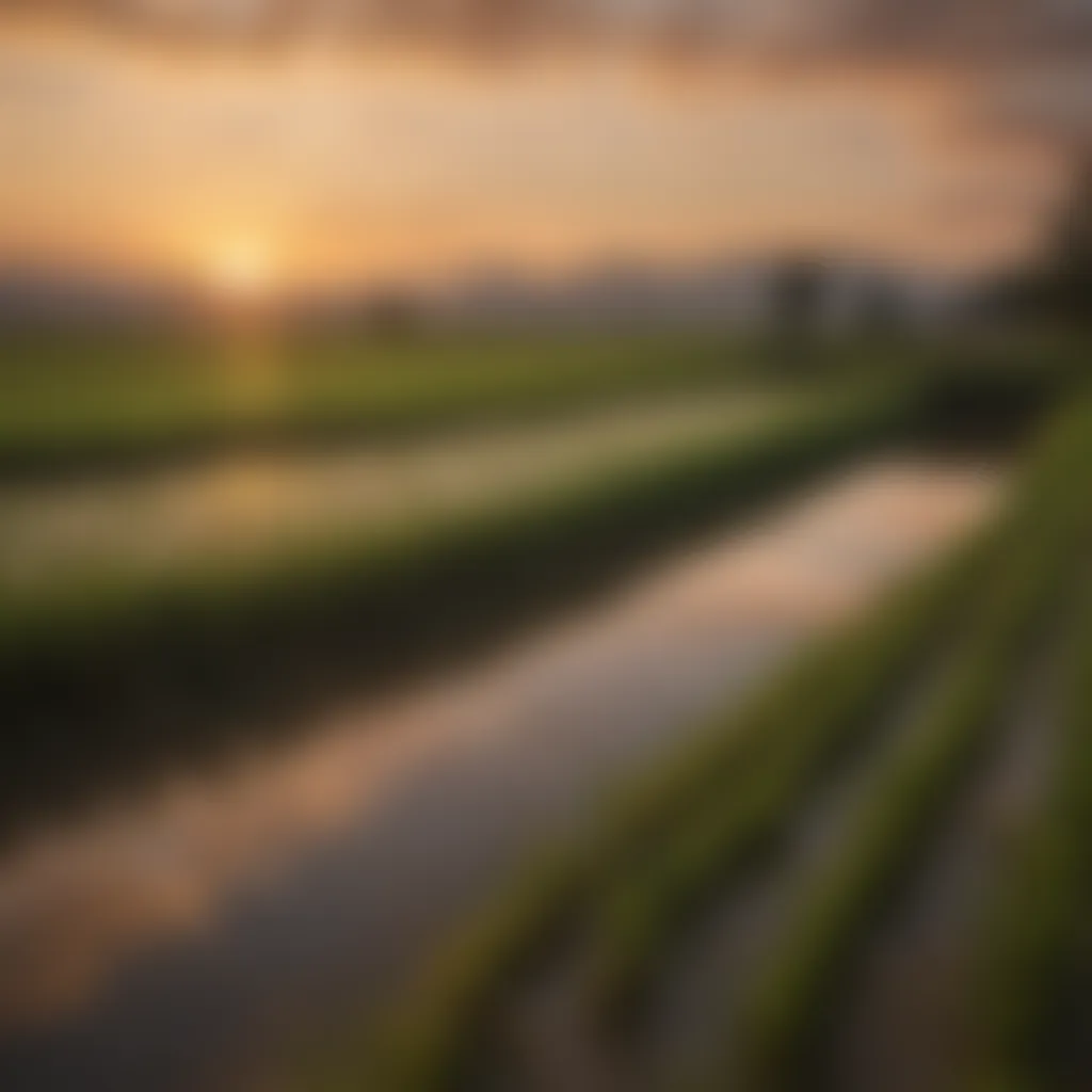 Rice paddies reflecting the sky during sunset