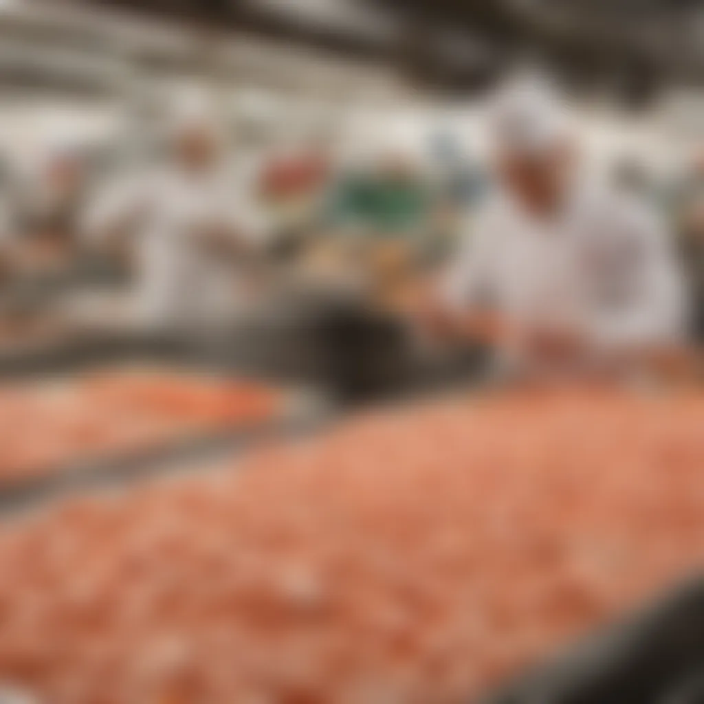 A market scene displaying various seafood products, including surimi crabmeat.