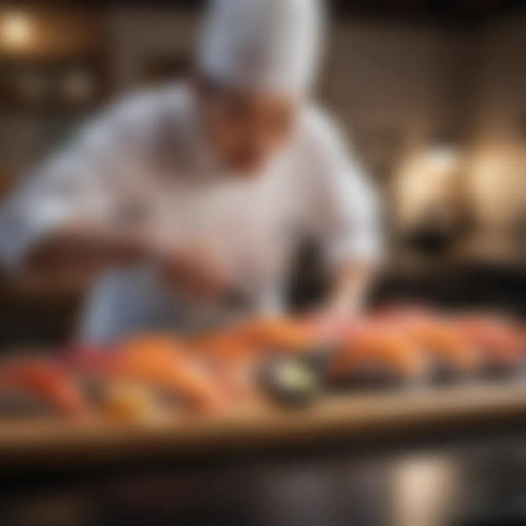 Sushi Chef's Expert Fish Slicing Master sushi chef slicing fresh fish with precision