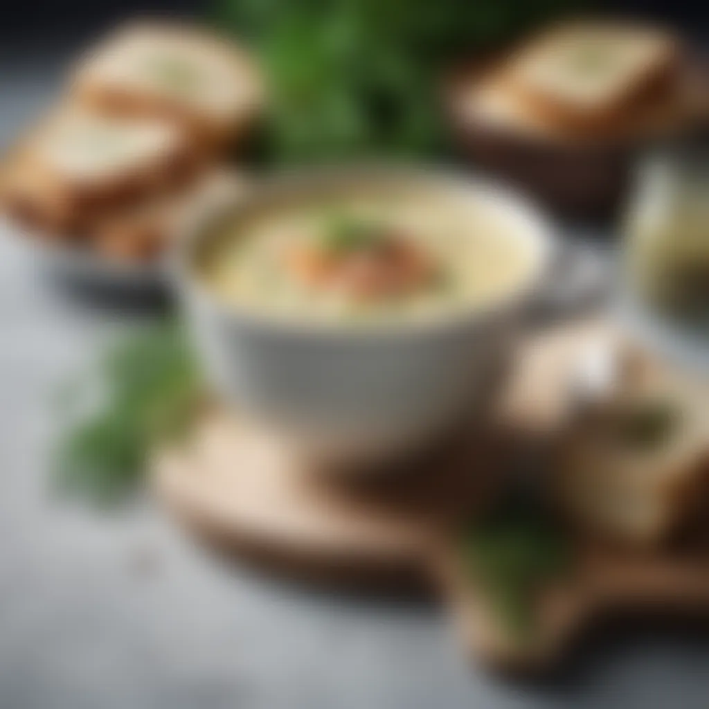 Creamy salmon and dill soup garnished with fresh herbs