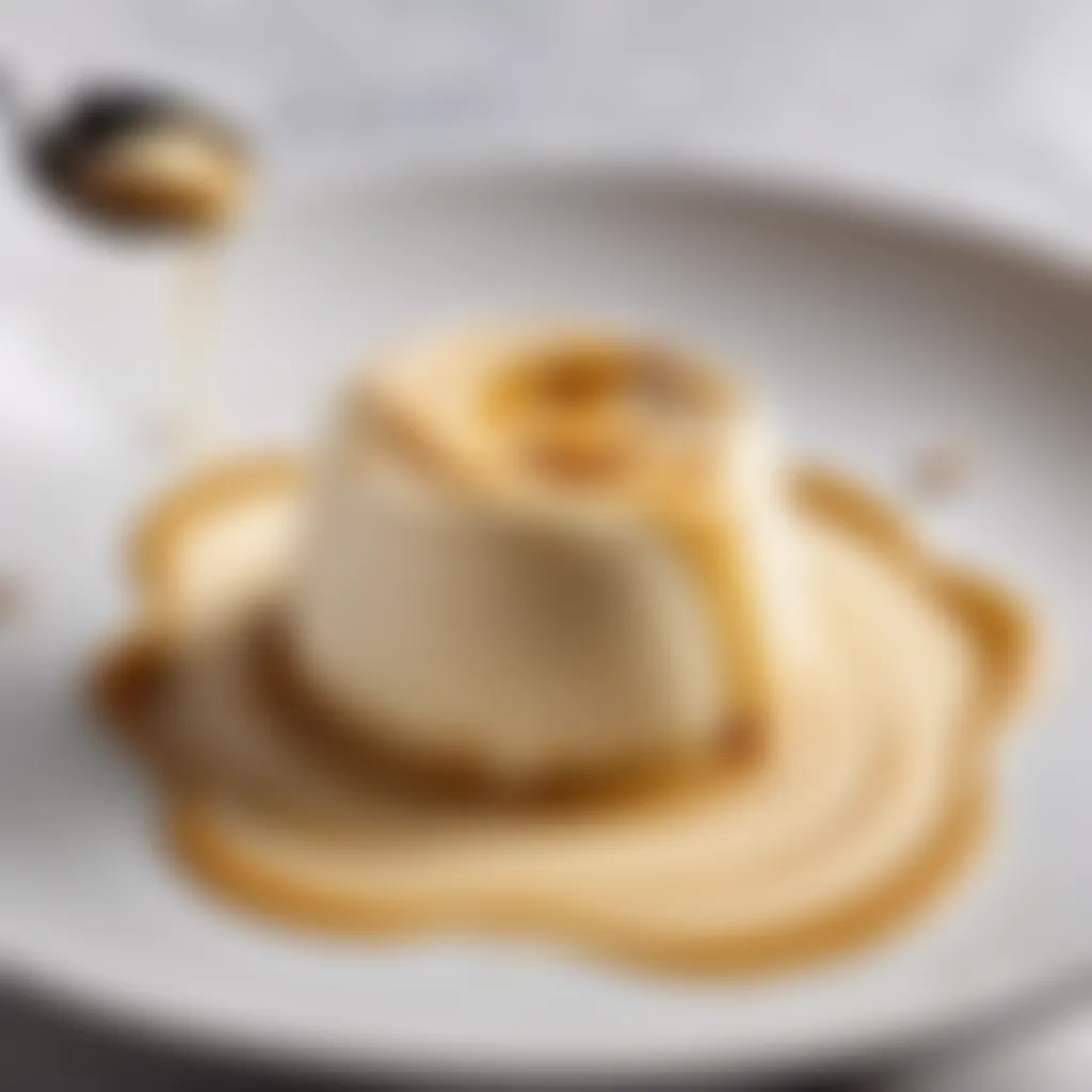 Spoon swirling creamy butterscotch pudding in a bowl