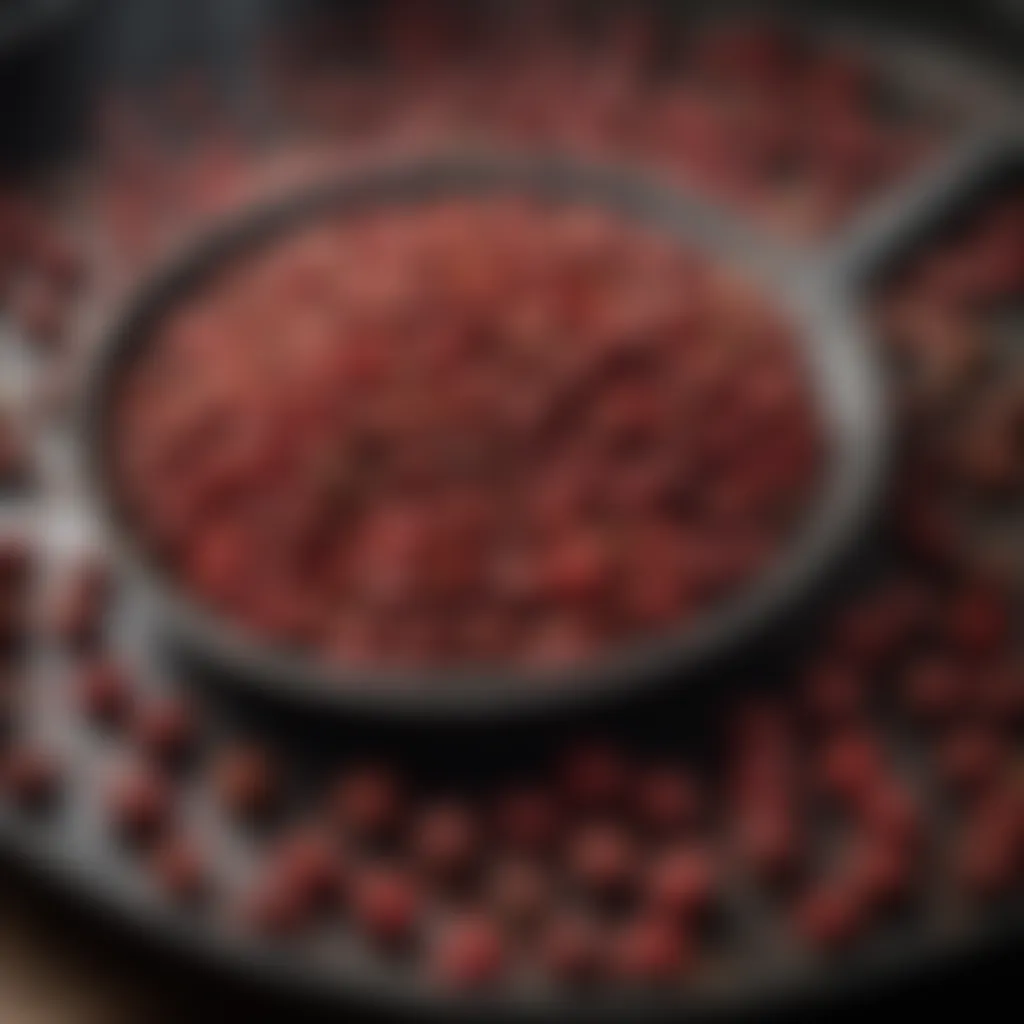 Sizzling Szechuan peppercorns on a hot skillet