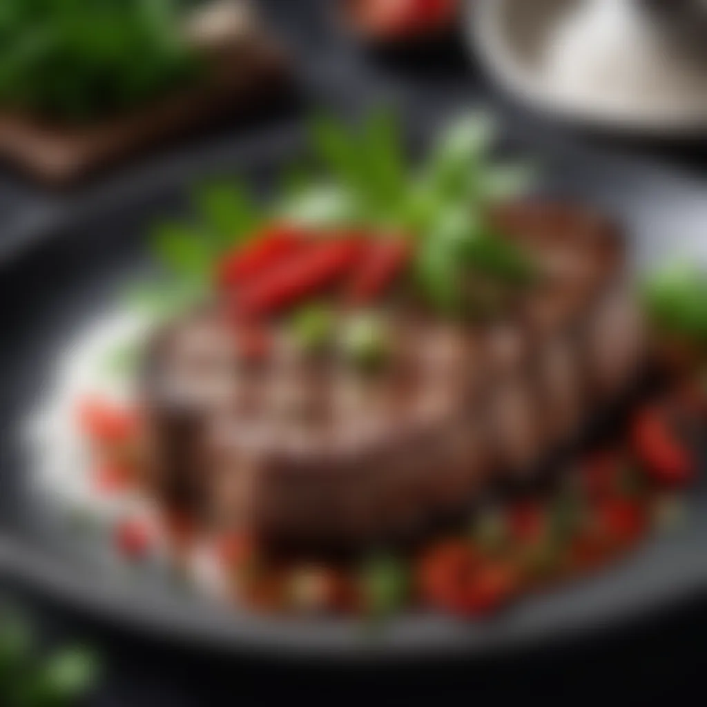 Artful Garnishing of Szechwan Pepper Steak with Fresh Herbs Szechwan Pepper Steak garnished with fresh herbs