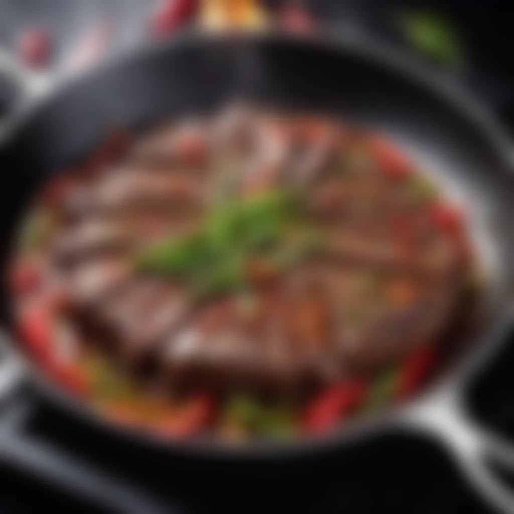 Sizzling Preparation of Szechwan Pepper Steak on Skillet Szechwan Pepper Steak sizzling on a hot pan