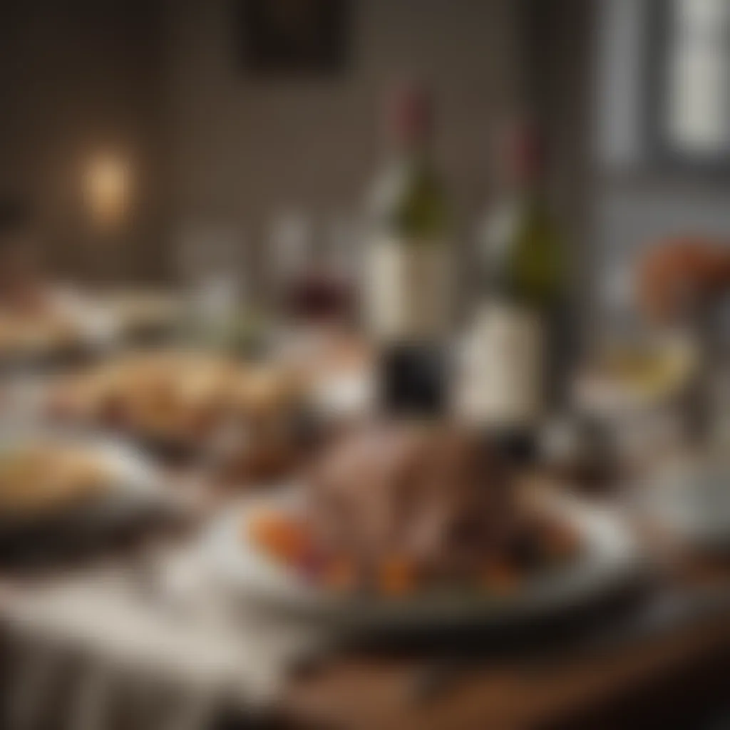 A beautifully arranged table with lamb and wine.