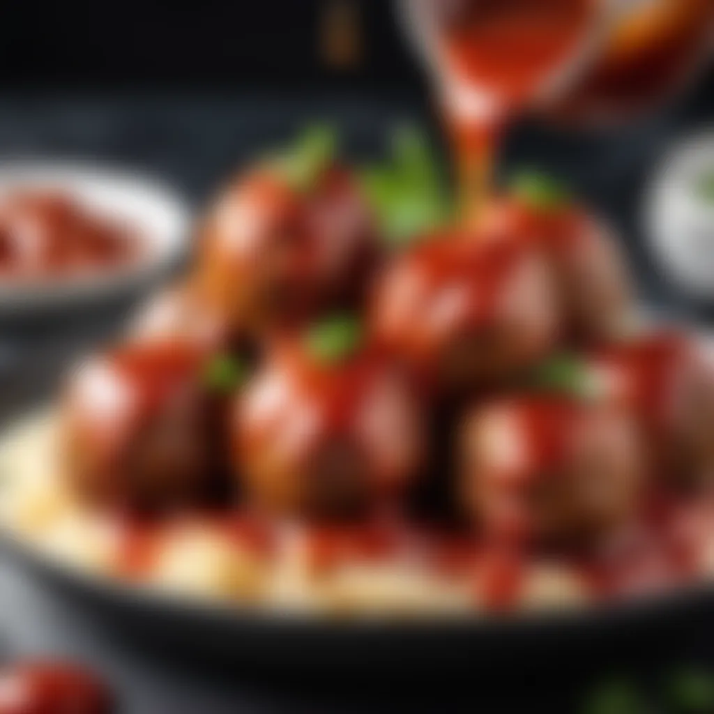 Tantalizing sweet and sour sauce drizzling over meatballs