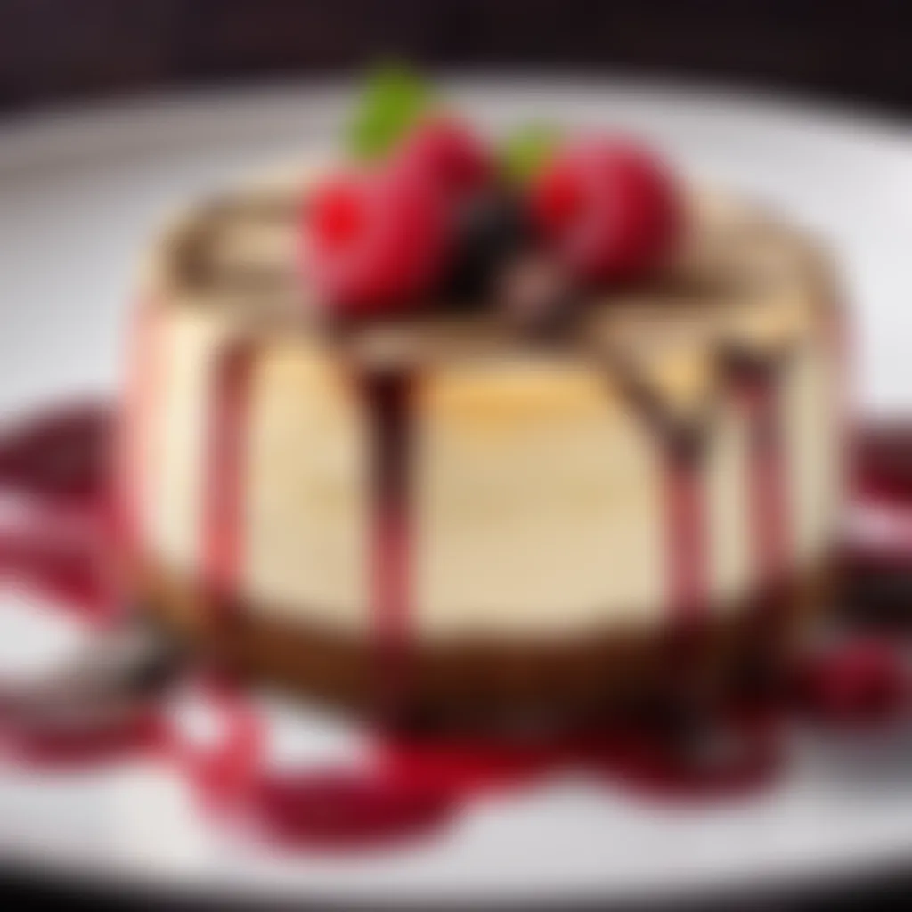 A tempting Actimel cheesecake garnished with chocolate curls and raspberry coulis