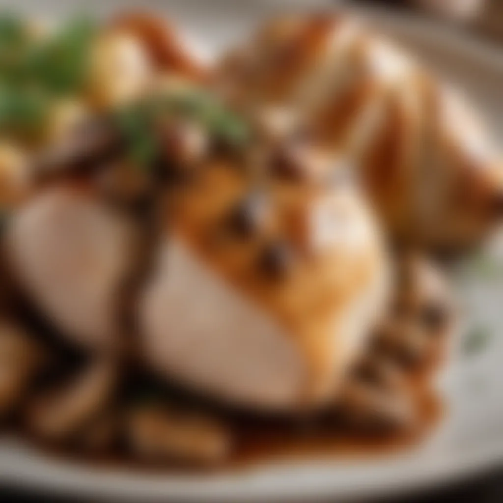 Tender roasted chicken breast with a savory mushroom and wine sauce