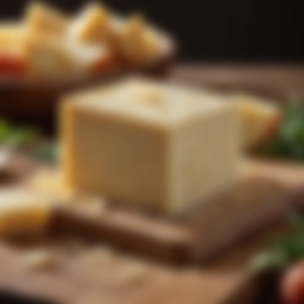 A block of fresh parmesan cheese on a wooden cutting board.