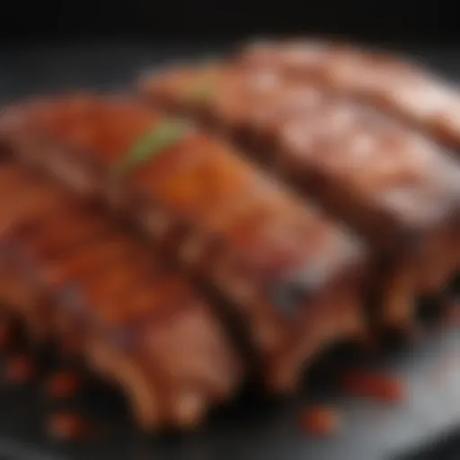 A close-up of tender, succulent BBQ ribs glistening with sauce