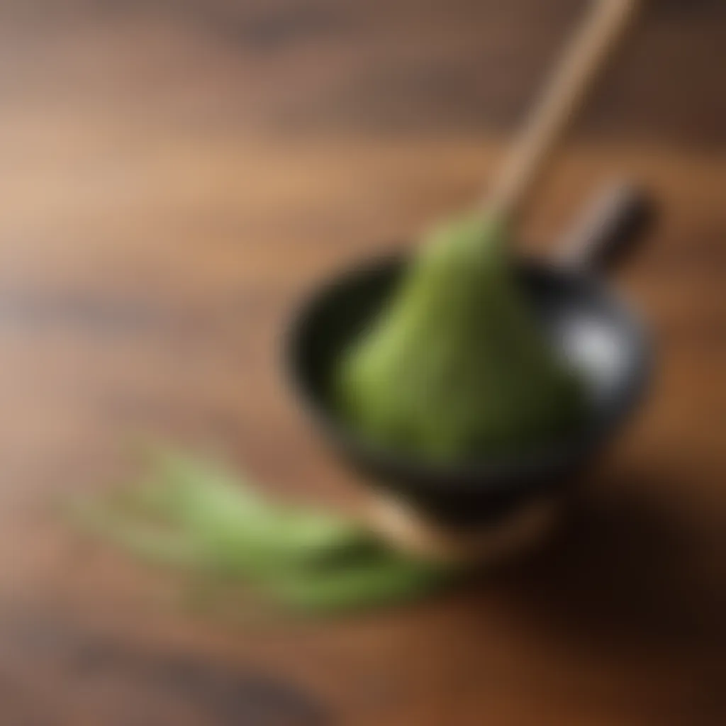 Traditional matcha whisk resting on a wooden surface