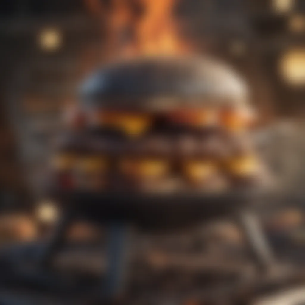 A charcoal grill with burgers sizzling on it