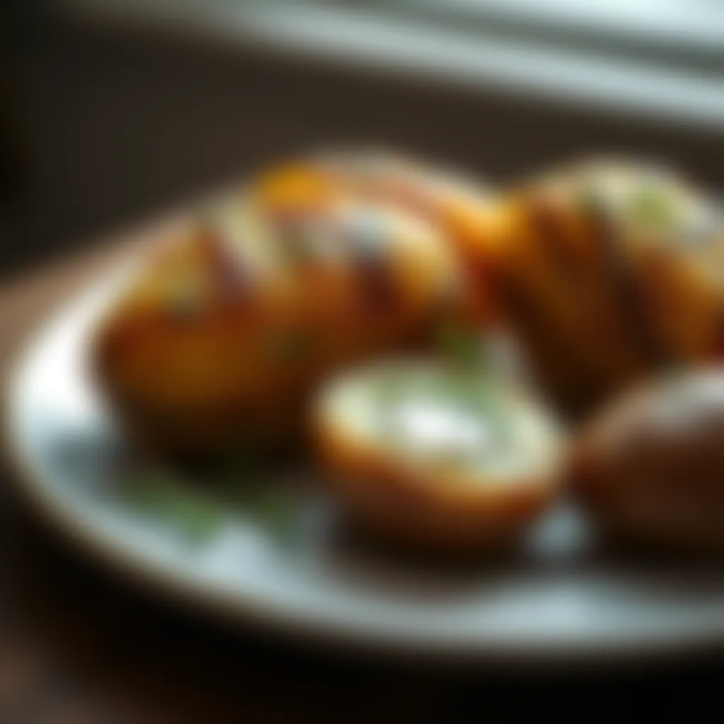 Baked potatoes with a golden-brown skin on a plate garnished with herbs