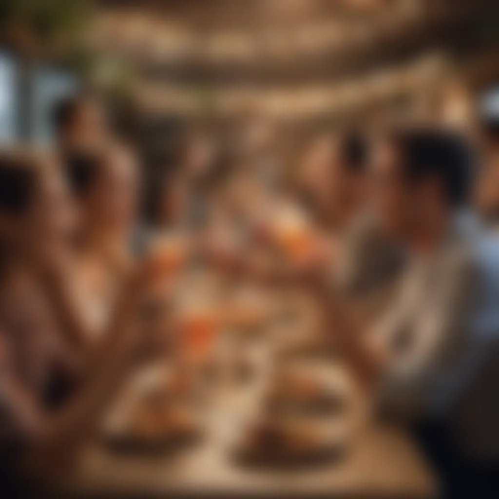 A vibrant gathering of friends enjoying beverages under twinkling lights