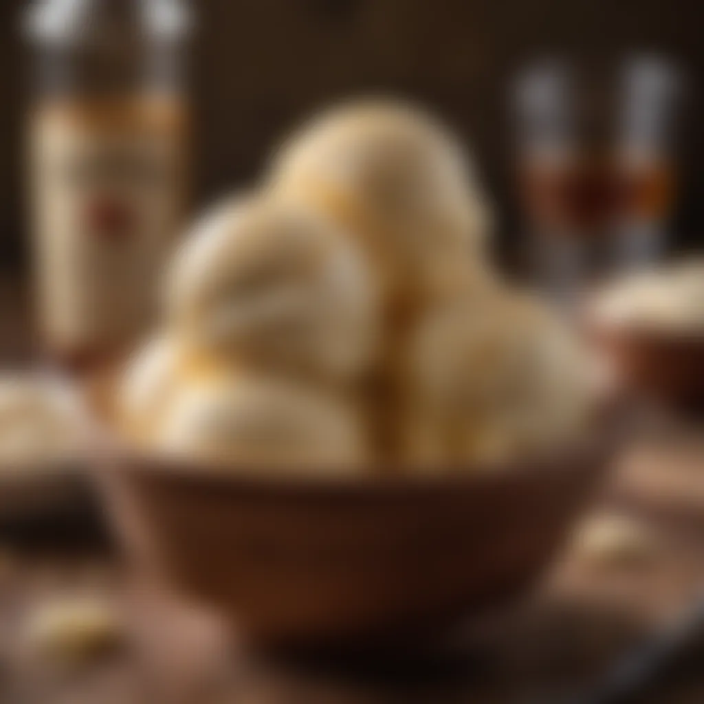 A close-up view of bourbon-infused ice cream in a rustic bowl.