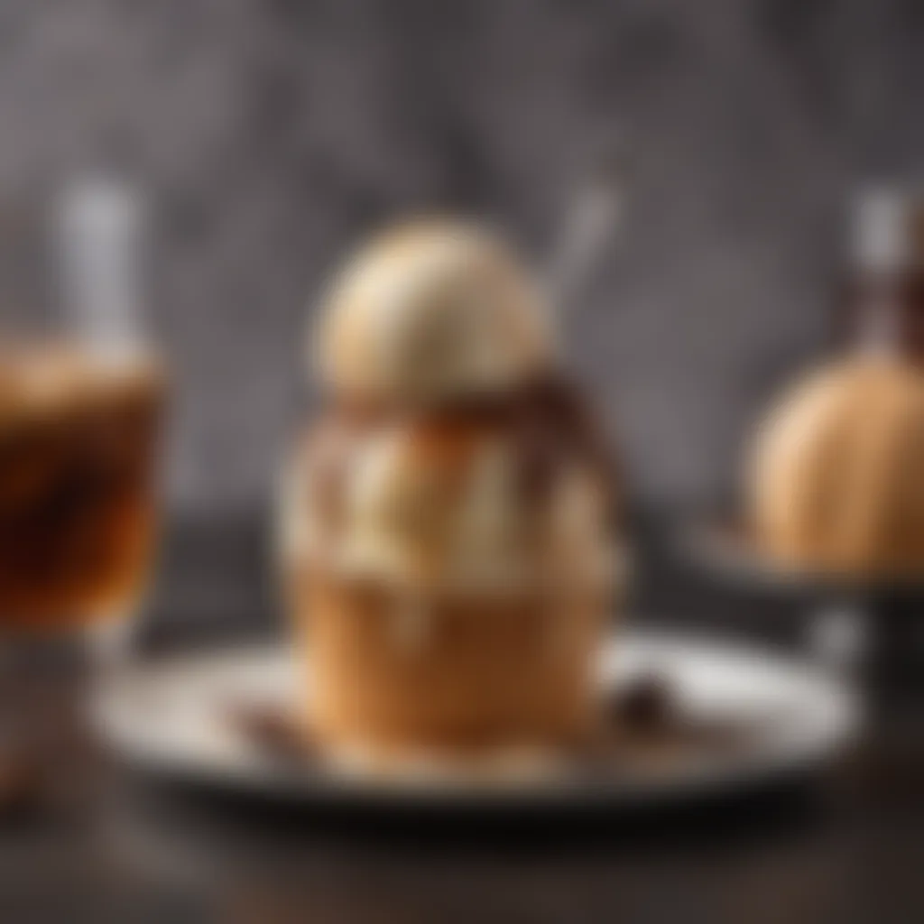 A lavish dessert featuring a scoop of artisanal ice cream drizzled with bourbon.