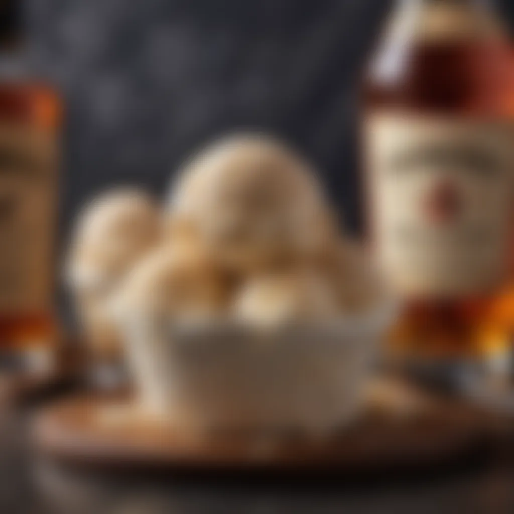 An assortment of gourmet ice cream flavors paired with a bottle of premium bourbon.