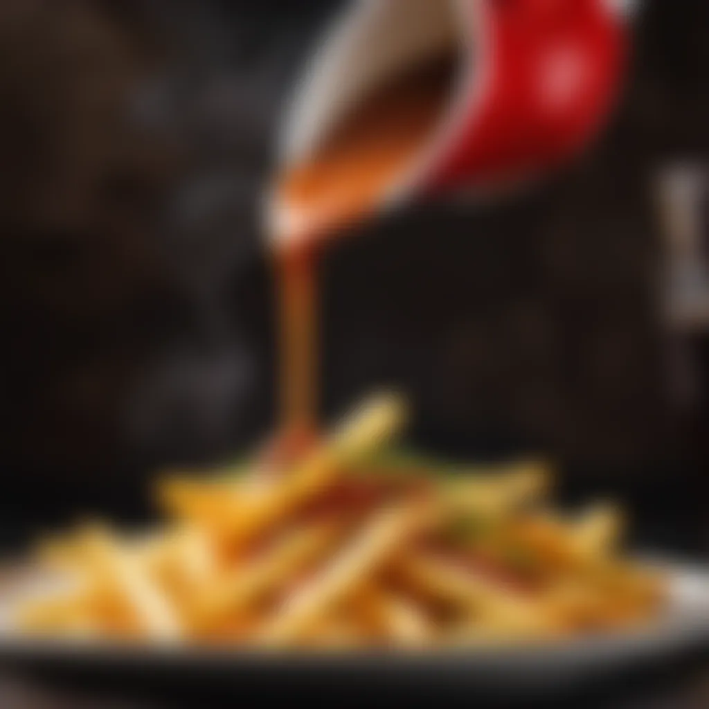 Pouring Sauce Over French Fries