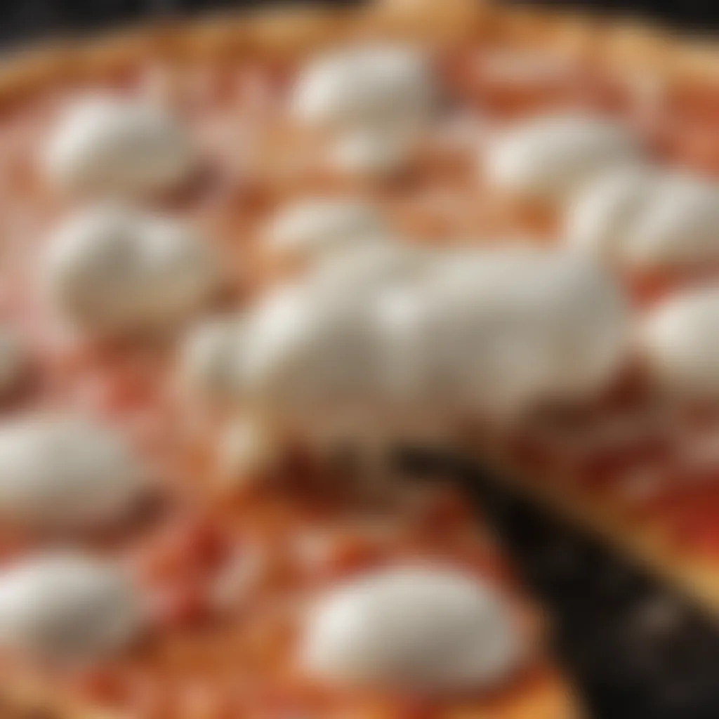 A close-up of bubbling mozzarella cheese melting on a freshly baked pizza.