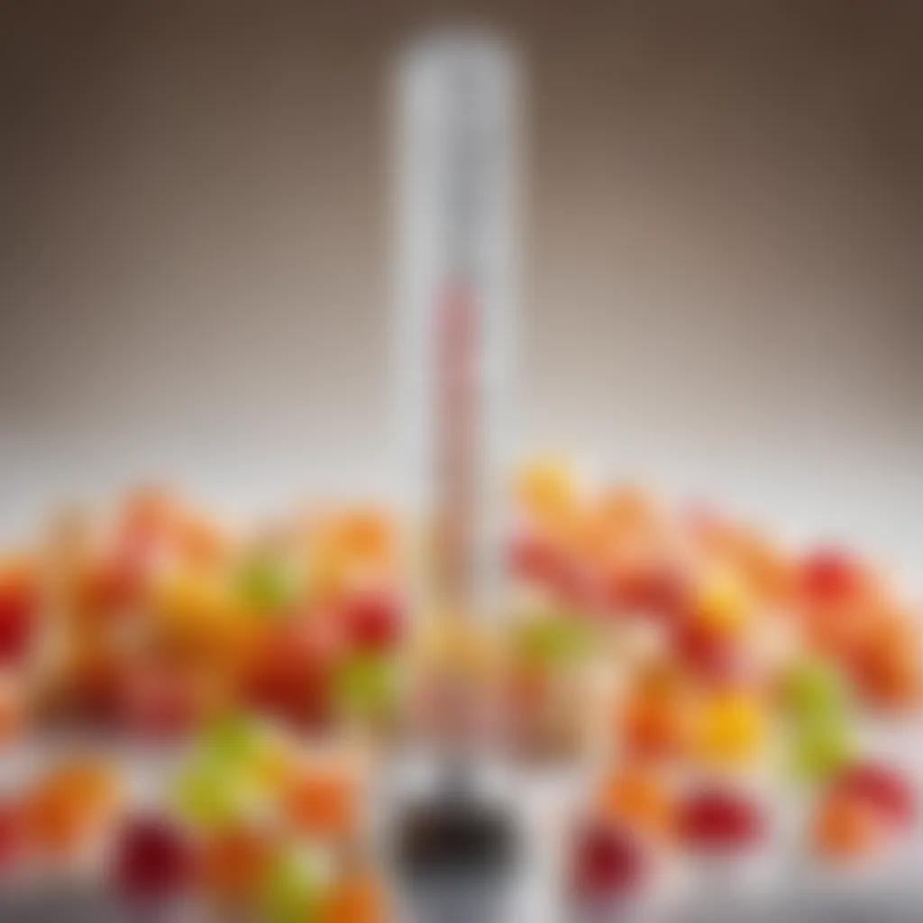 A candy thermometer displaying the temperature