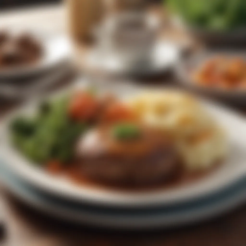 A cozy dining setting featuring Salisbury steak served with mashed potatoes and vegetables