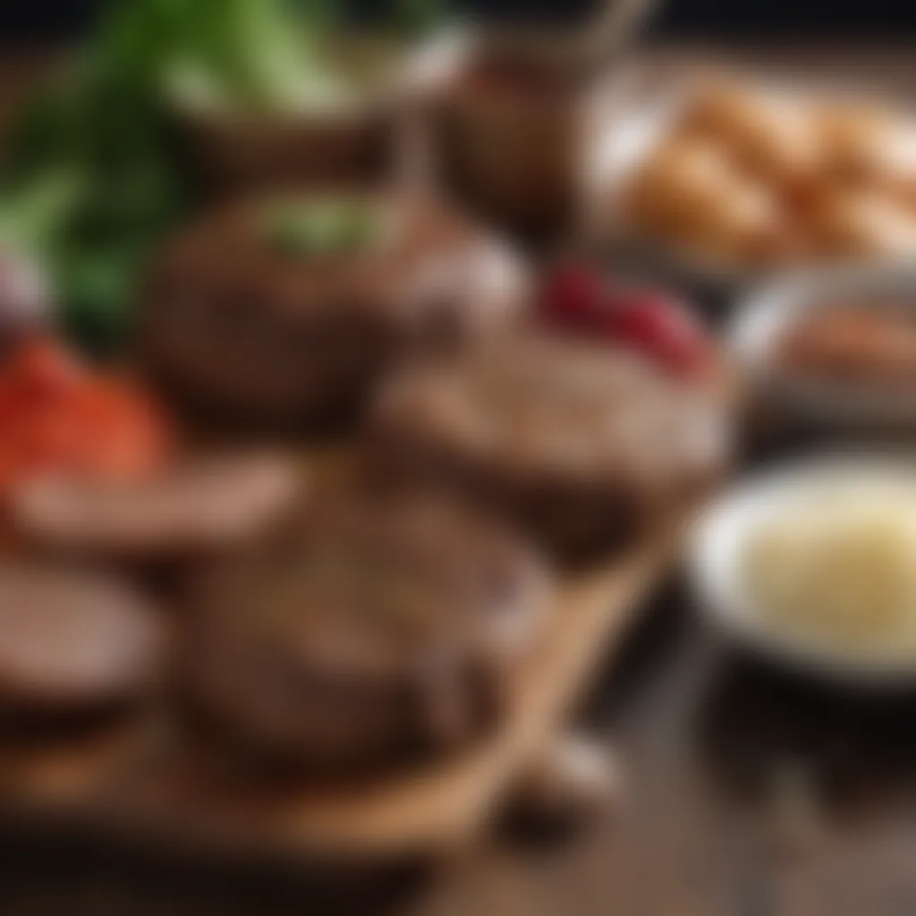 An array of fresh ingredients including ground beef, onions, and seasonings ready for preparation