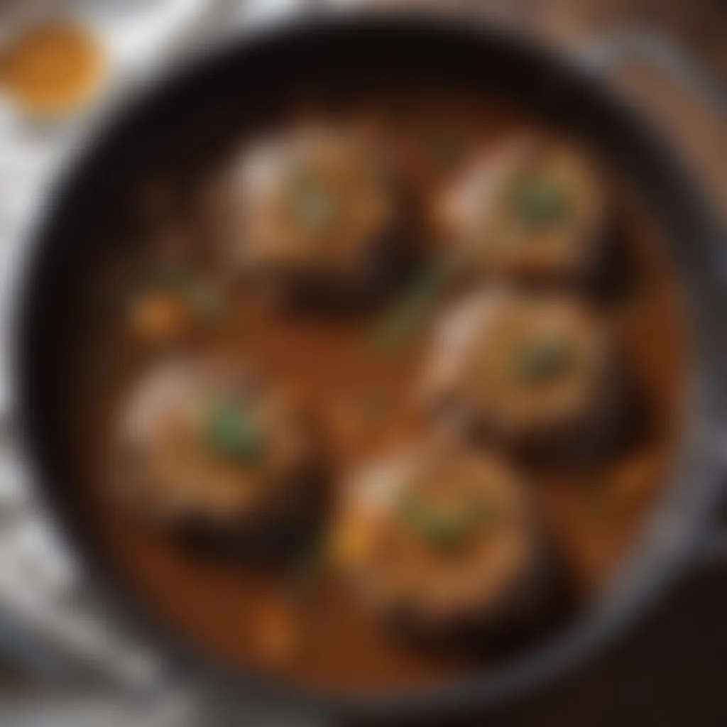 A close-up of Salisbury steak simmering in a skillet with savory gravy