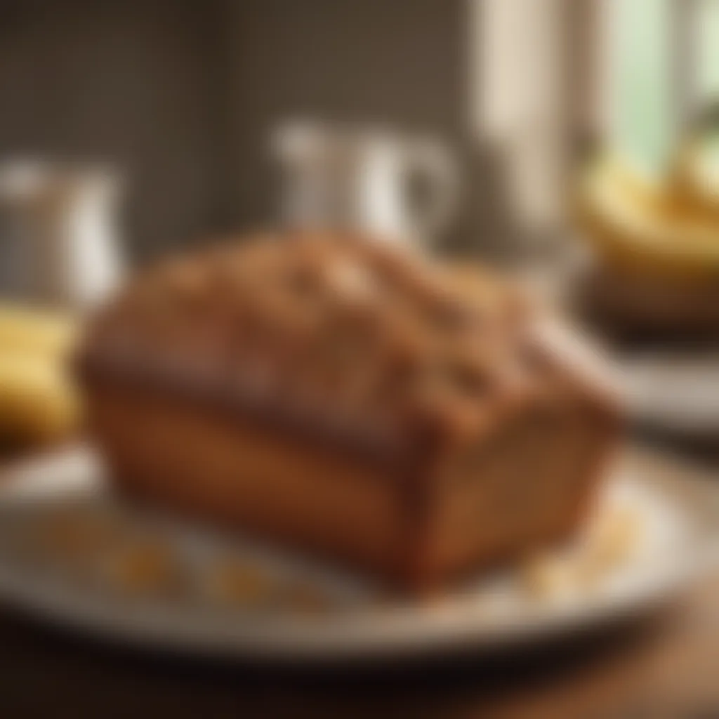 A beautifully presented loaf of banana bread on a decorative plate