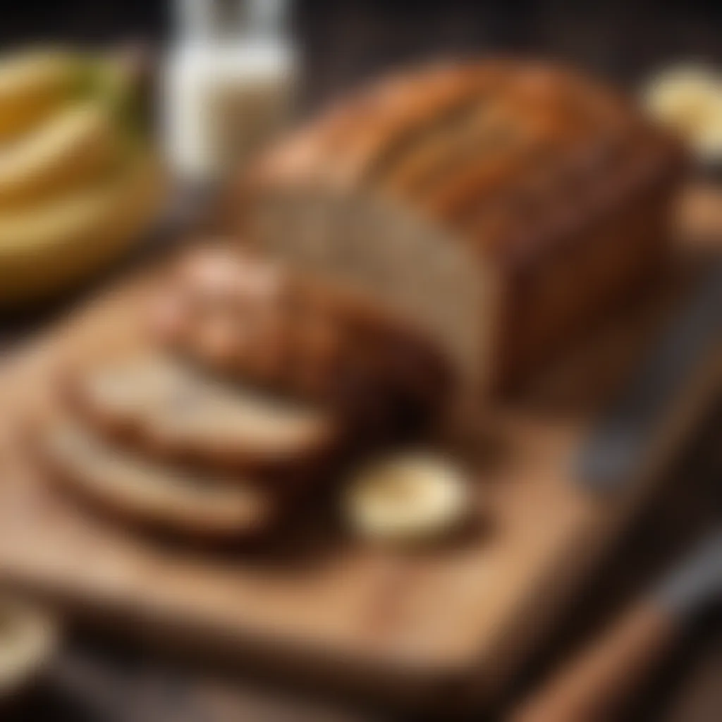 Deliciously moist banana bread sliced on a rustic wooden board