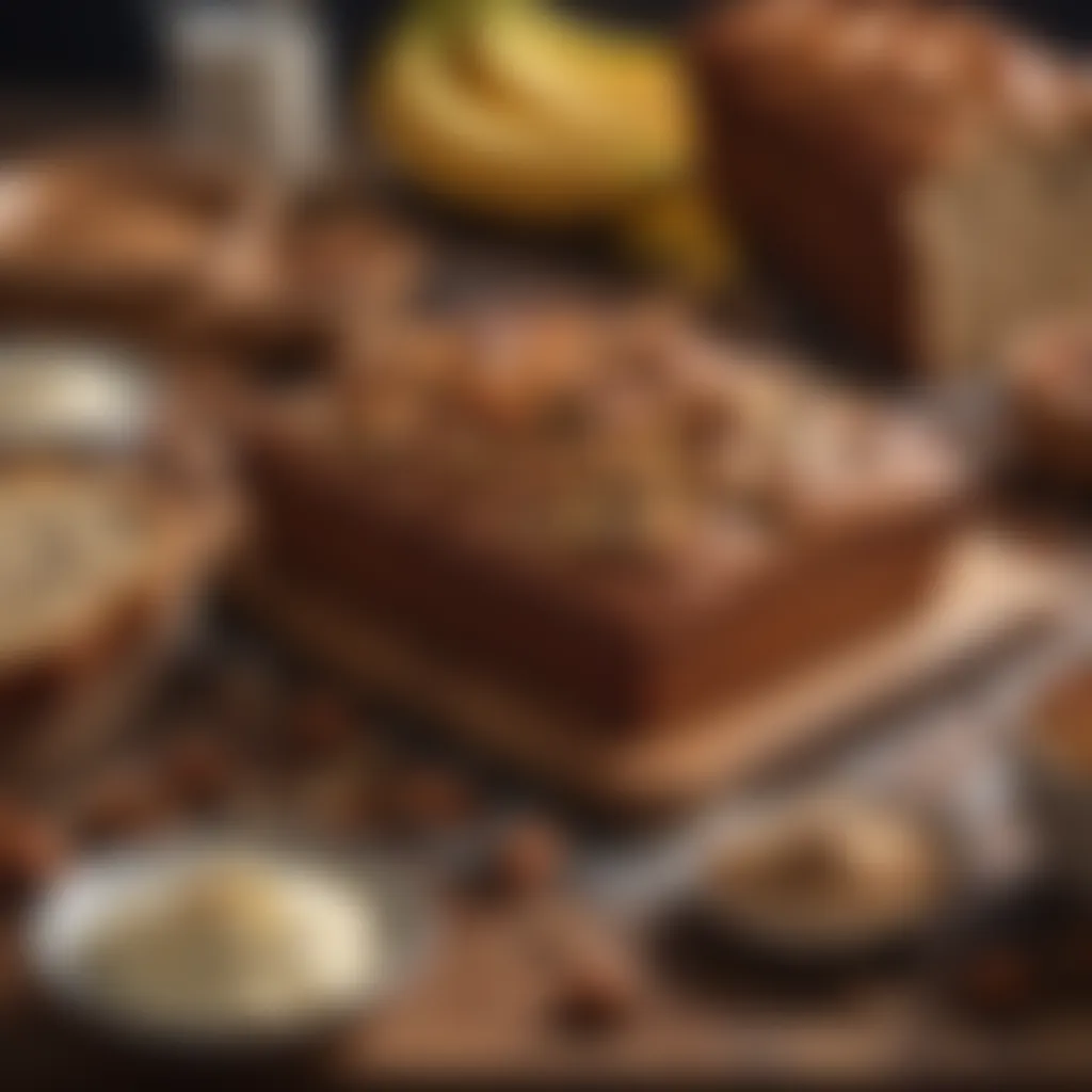 An assortment of ingredients for banana bread including flour, sugar, and nuts