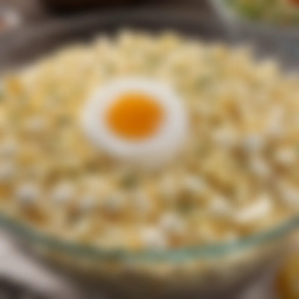 Close-up of diced eggs mixed with creamy dressing and spices