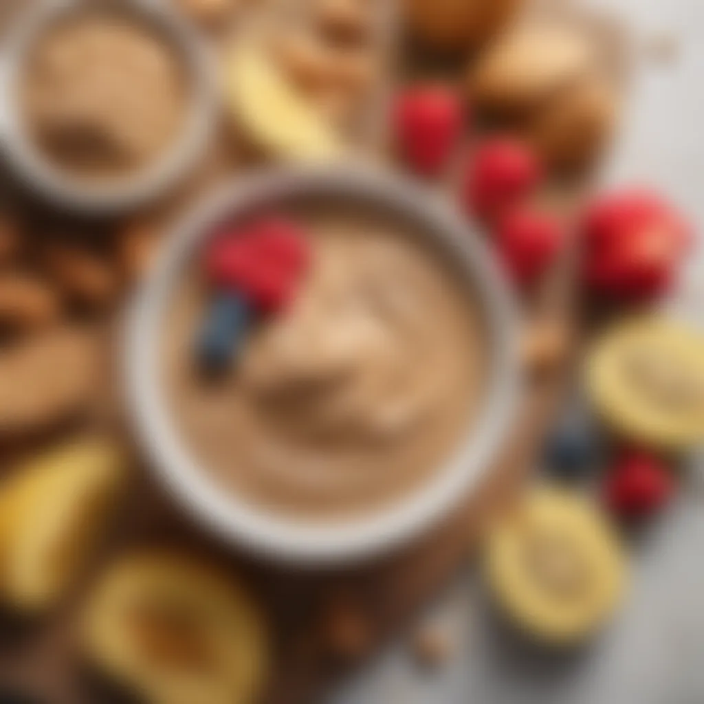 A bowl of creamy almond butter next to fresh fruits and whole grains