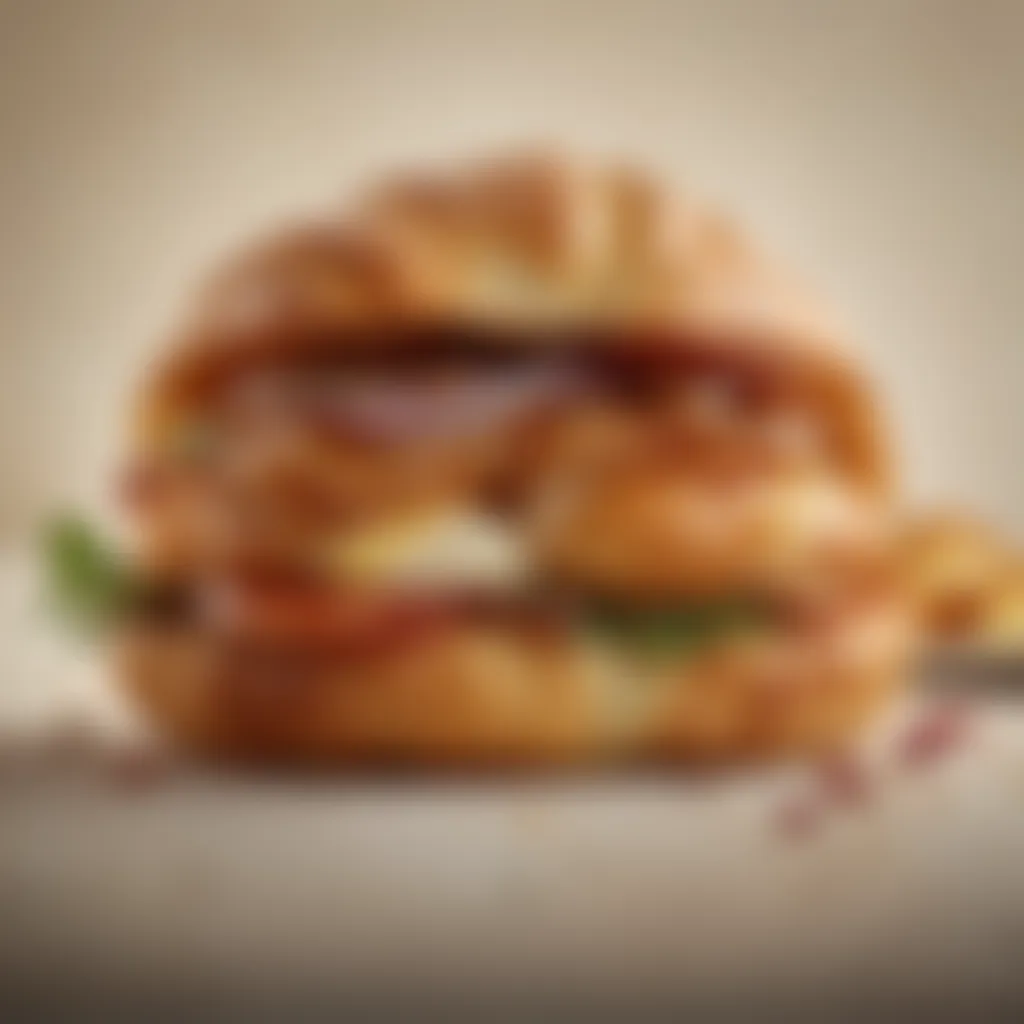 A close-up view of a gourmet croissant sandwich filled with fresh ingredients, highlighting its flaky layers.