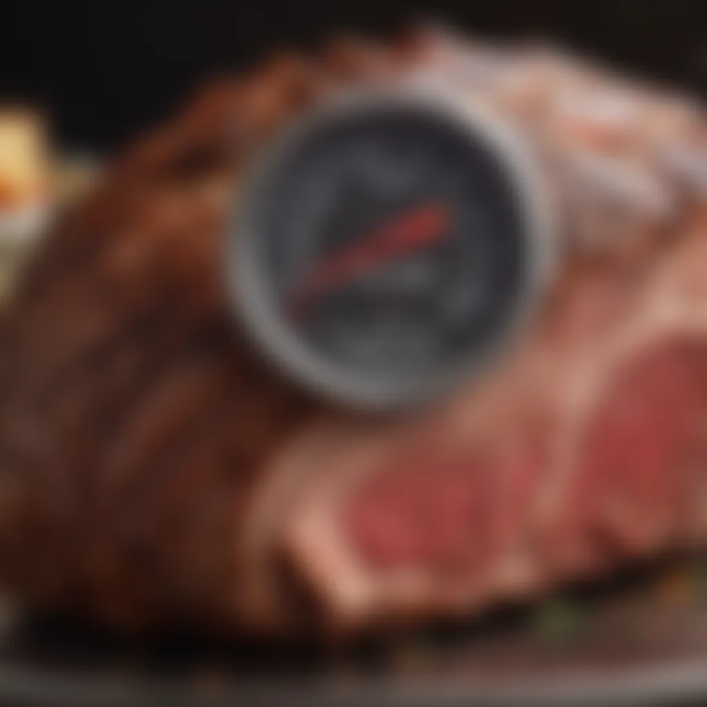 A close-up of a meat thermometer inserted in a rib roast