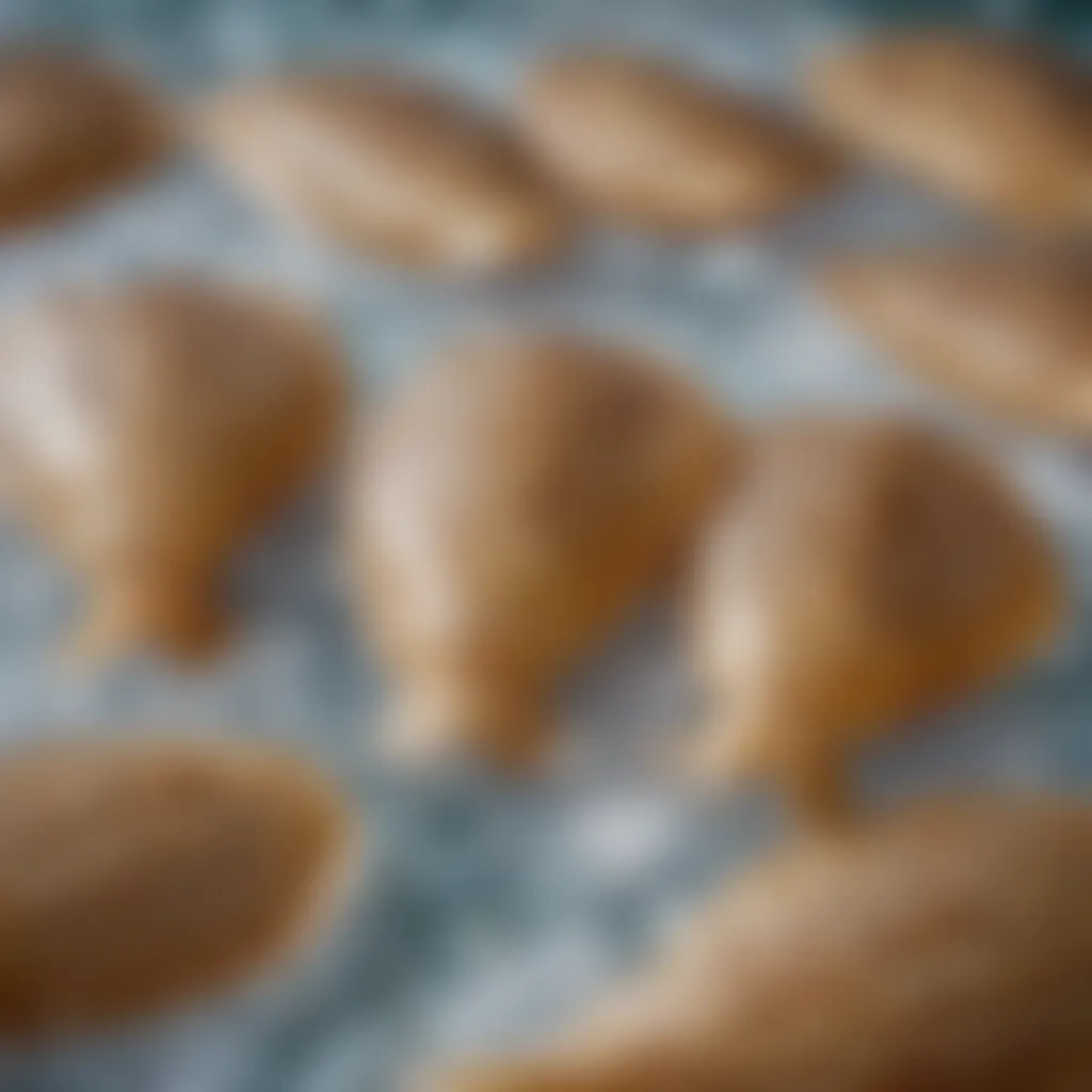 A close-up of fresh flounder fillets resting on ice