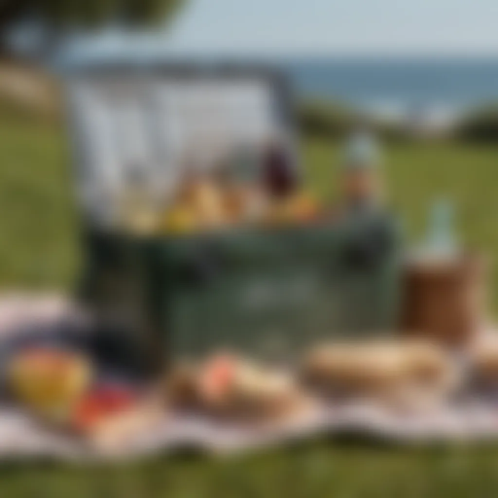 An array of innovative picnic accessories including a portable cooler and reusable utensils