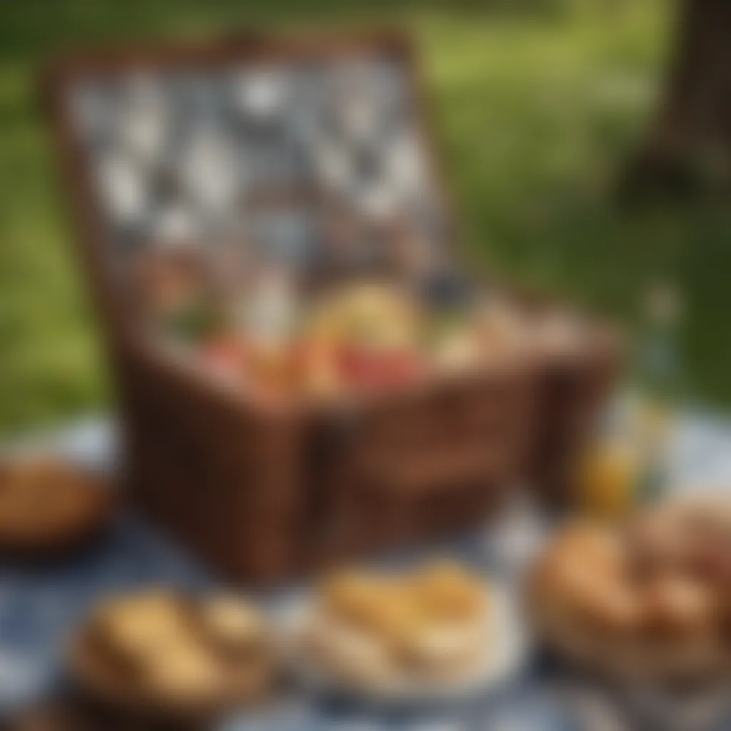 A beautifully curated picnic basket filled with assorted gourmet treats and beverages