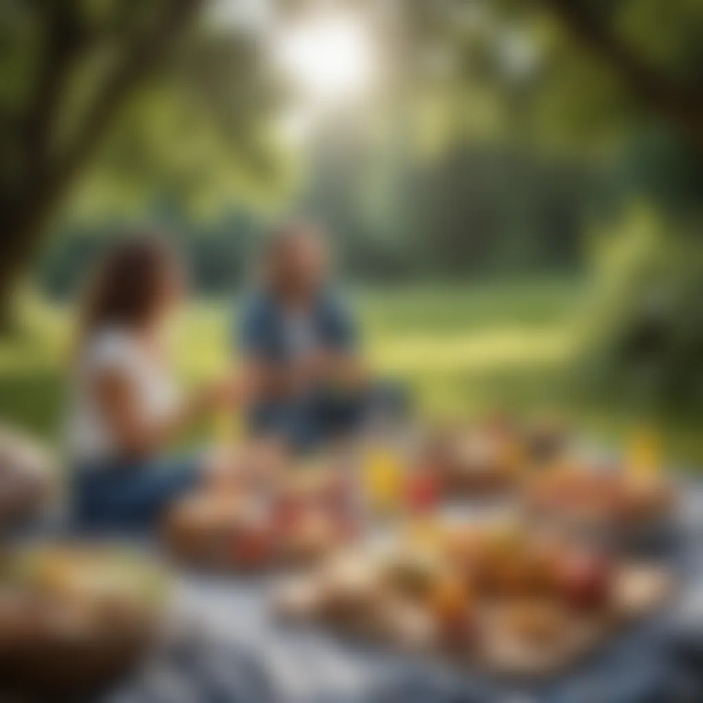 A serene outdoor scene with friends enjoying a picnic surrounded by nature