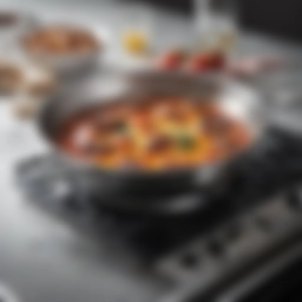 A stainless steel skillet on a stove with vibrant ingredients