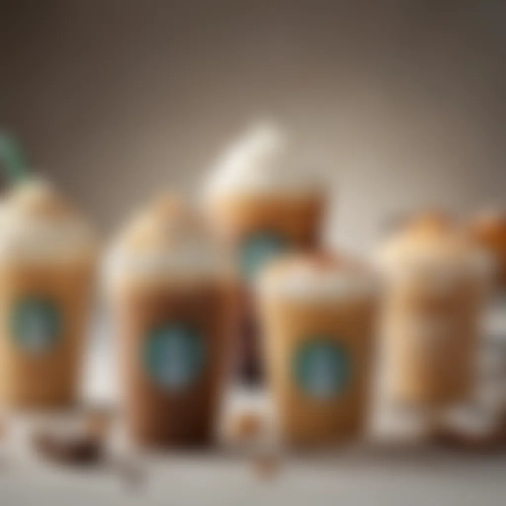 An array of cold latte variations showcasing different flavors and ingredients