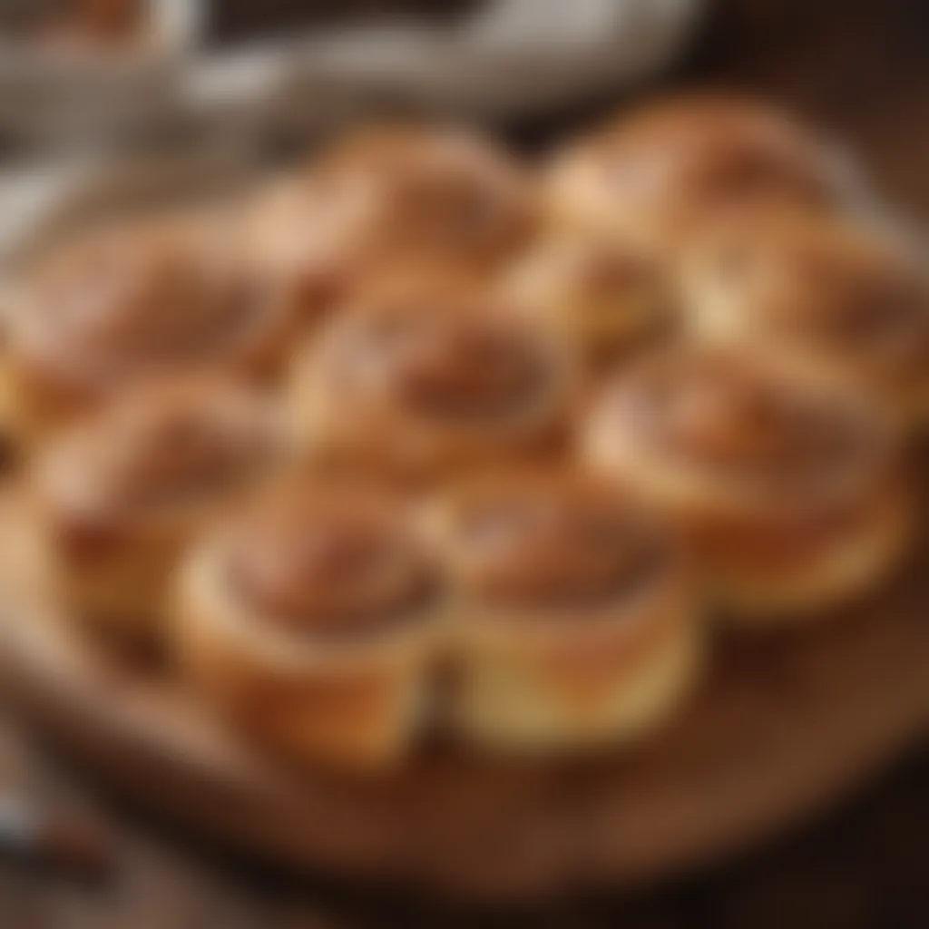 A selection of artisan cinnamon rolls arranged elegantly on a wooden board