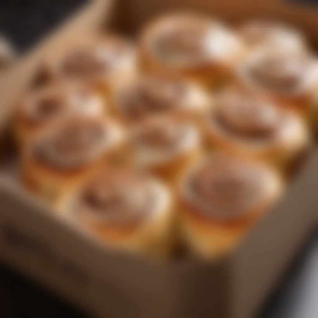 A delivery box filled with freshly baked cinnamon rolls ready for shipping